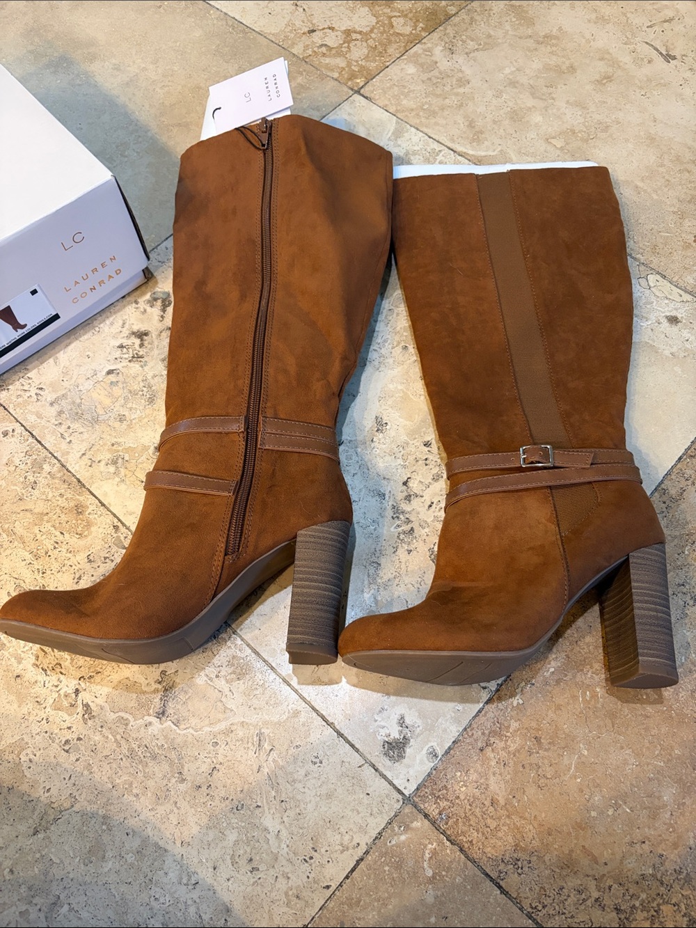 LC Lauren Conrad Chestnut Brown Suede Block Heel Mid-Calf Boots